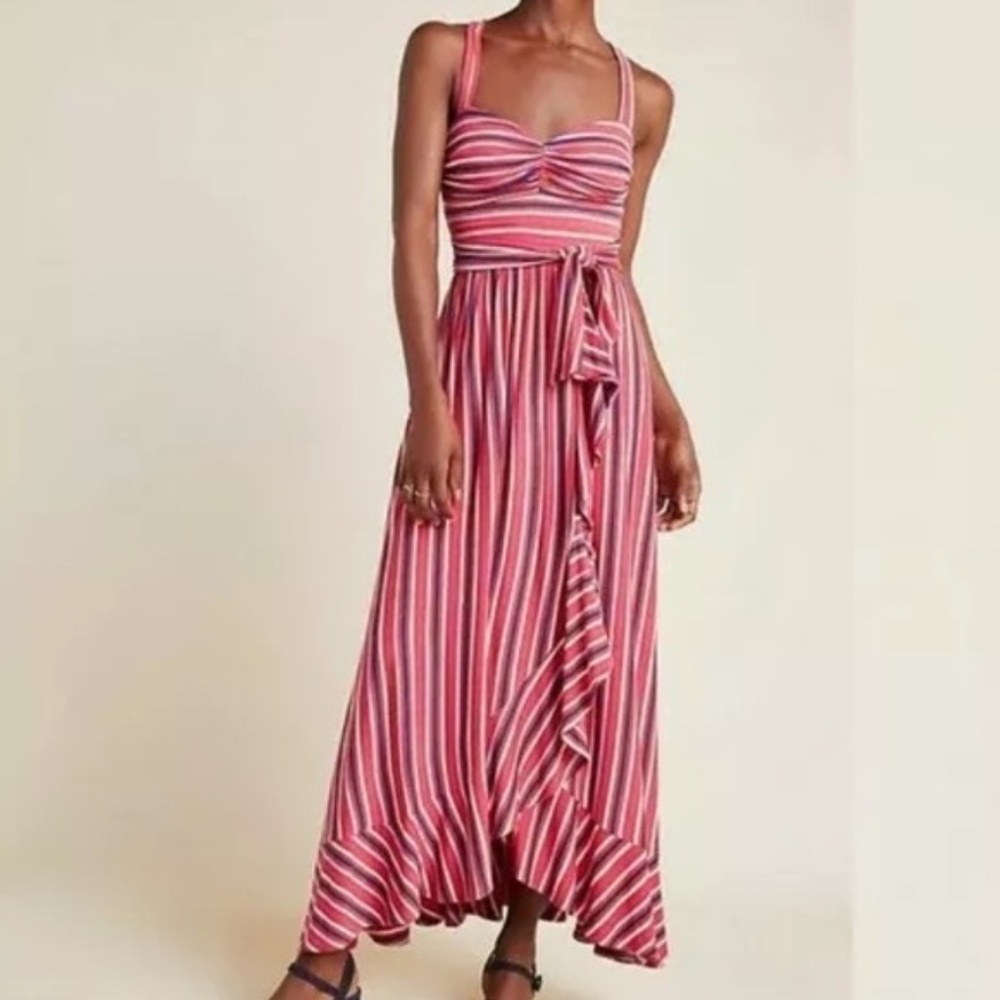 Anthropologie red Striped Ruffled Maxi Dress XS